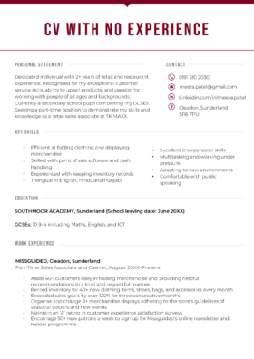 A CV for a 16 year old example that includes a skills section, education section, and some relevant work experience.