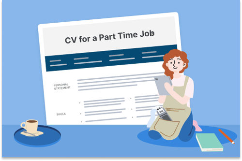 A CV for a part-time job on a light blue background with a customer service worker kneeling next to a cup of coffee on a round platter.