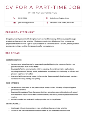 CV for a Part Time Job Examples - Cv For A Part Time Job With No Experience 280x396