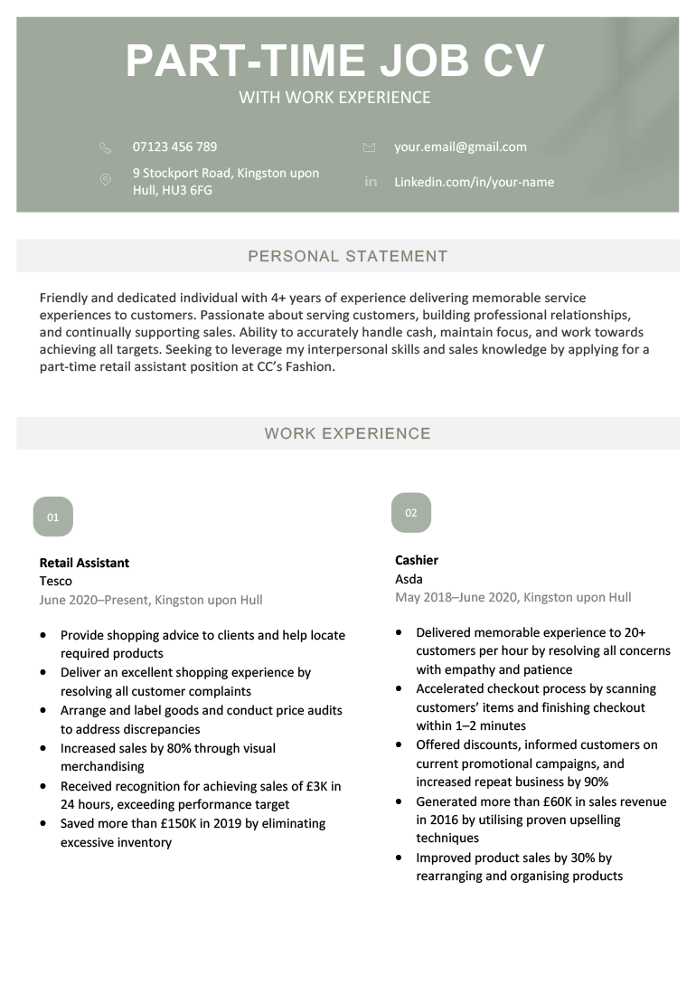 A light green–themed CV for a part-time job with work experience listed in two columns.