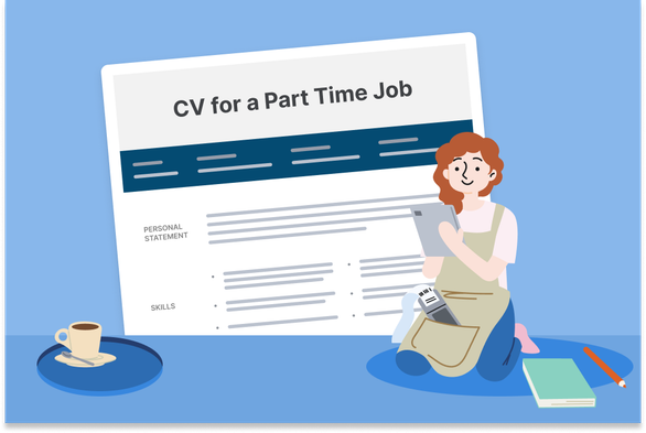 A CV for a part-time job on a light blue background with a customer service worker kneeling next to a cup of coffee on a round platter.
