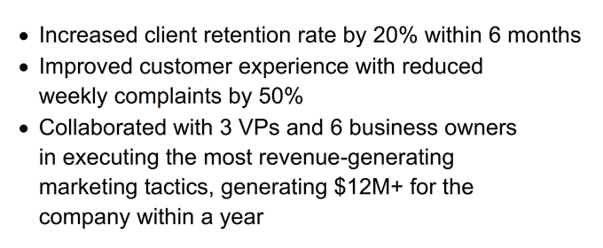 An example of three work-related bullet points in a digital marketing CV's work exoerience section to describe the applicant's relevant experience