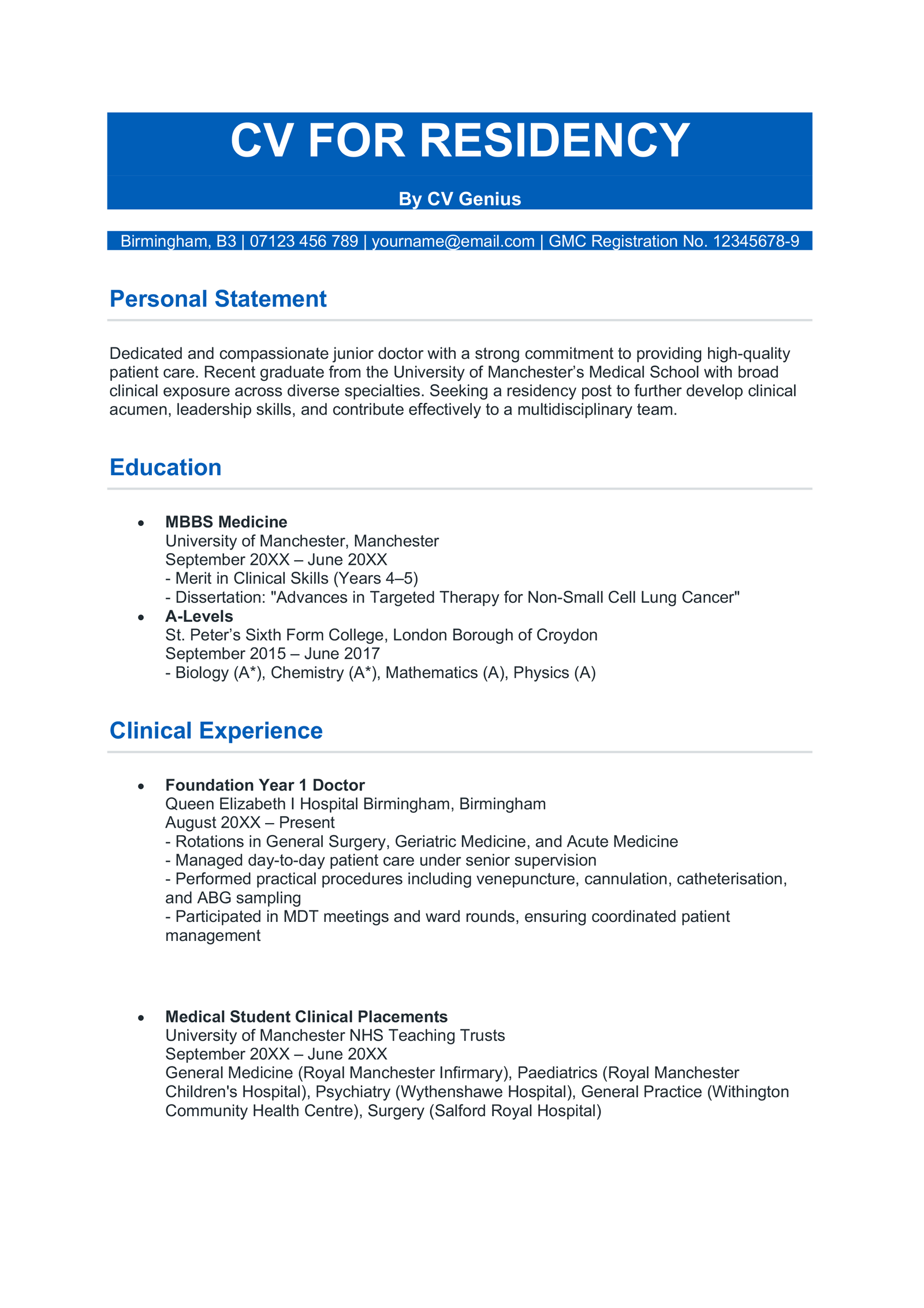 Page one of a CV for a residency.