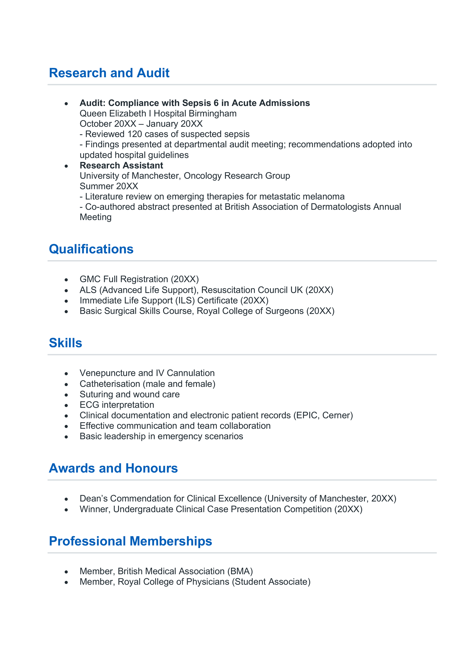 Page two of a CV for a residency.