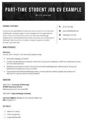A black-and-white CV for a student part-time job with a prominent experience section that highlights experience relevant to the targeted job.