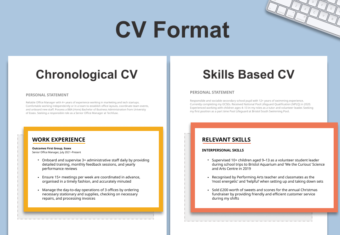 Two CV formats shown side by side to represent the differences between a chronological CV and a skills based CV. The work experience section is highlighted by drop shadowing and a light orange outline on the chronological CV, and the skills section is emphasised by drop shadowing and a darker orange outline on the skills based CV.