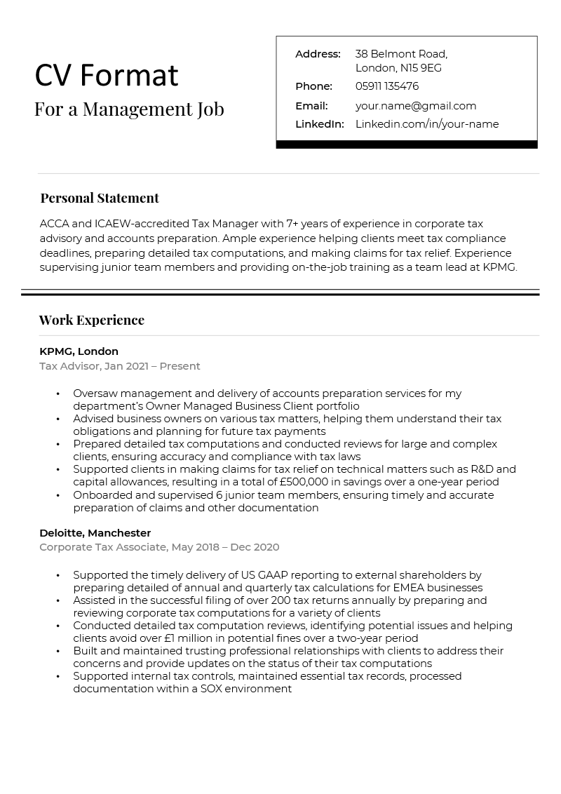 A professional CV format for a management job showing how to emphasise your years of work experience to employers.