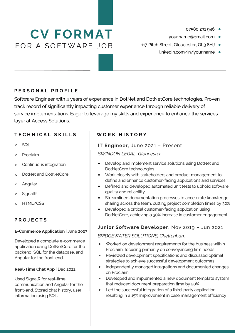 A modern CV with a projects section demonstrating the best way to format your experience for an IT role.