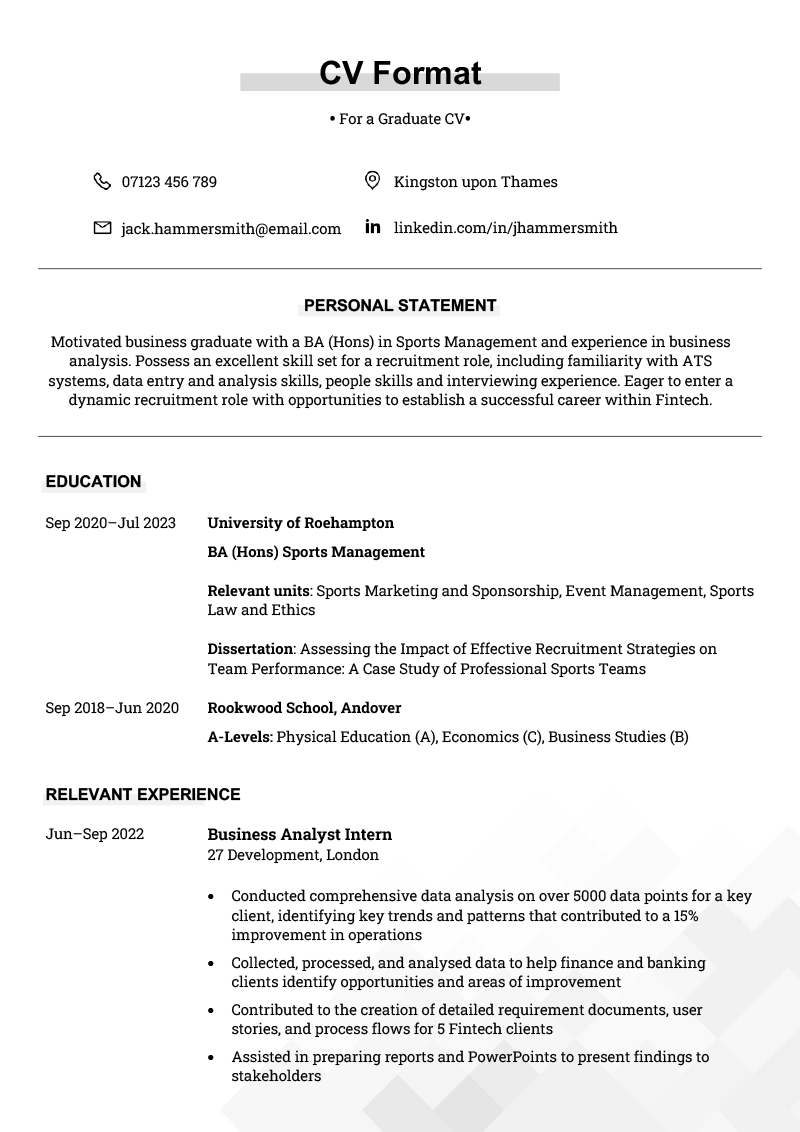 A grey and white CV template for a graduate CV job. The example CV format shows how to advertise yourself for jobs after university by putting your your education section high on the first page of your CV.