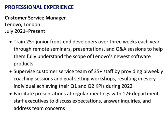 An example of a work experience section using the chronological CV format