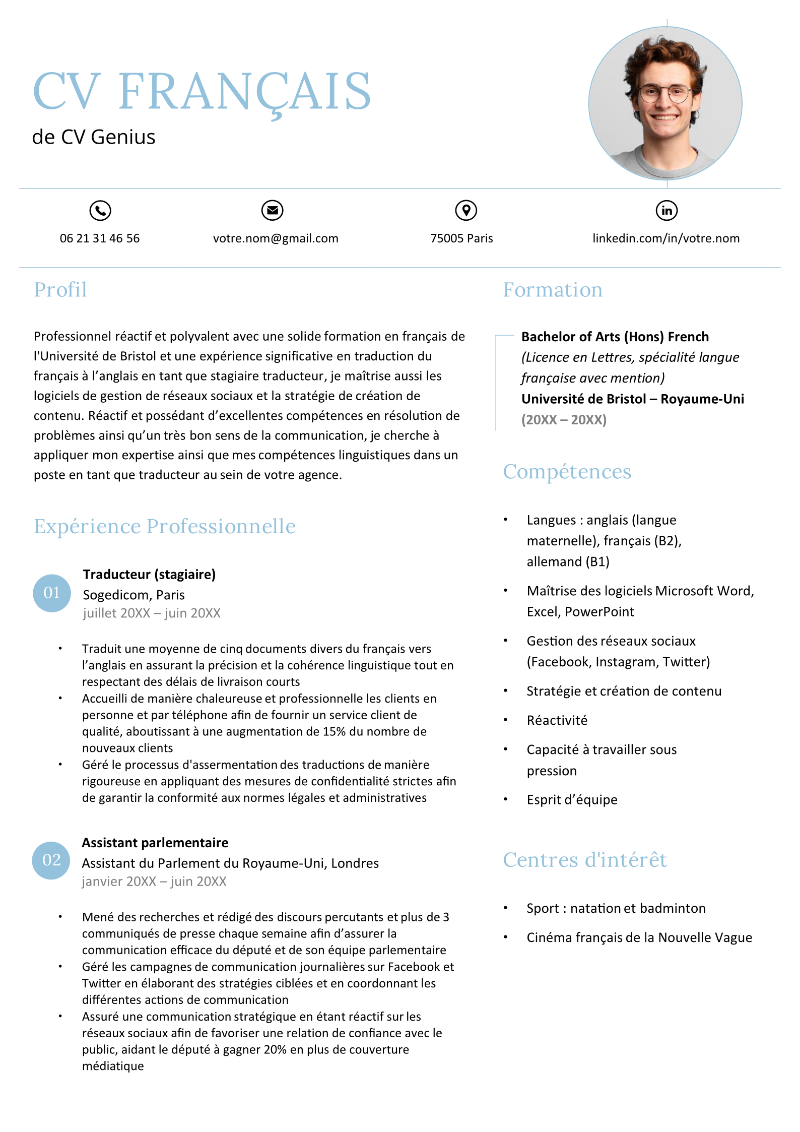 un exemple de CV français pour un étranger avec une photo professionnelle et des en-têtes de rubriques organisées de couleur bleu clair