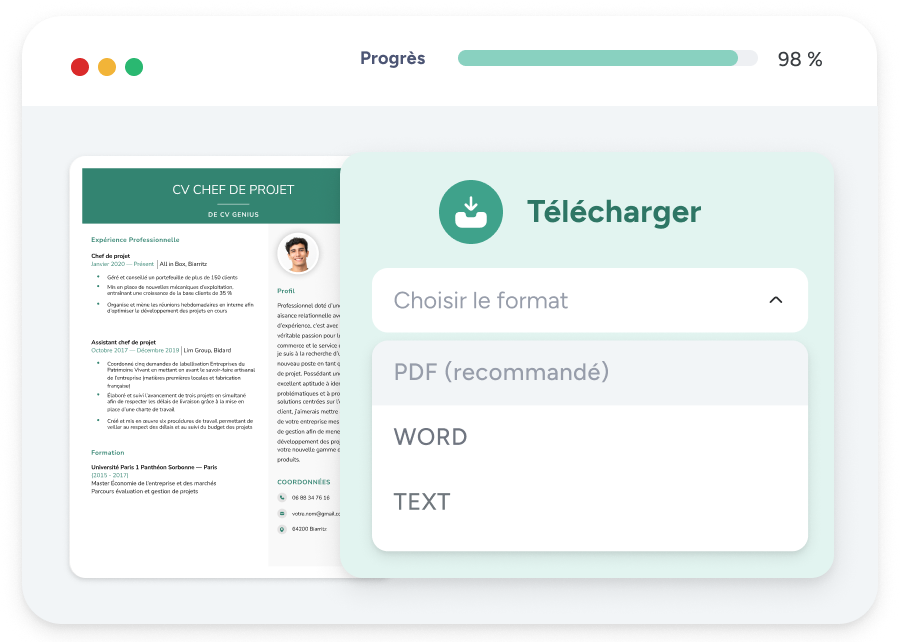 Une version simplifiée du CV designer de CV Genius, illustrant comment un utilisateur peut sélectionner un format de fichier pour télécharger son nouveau CV.