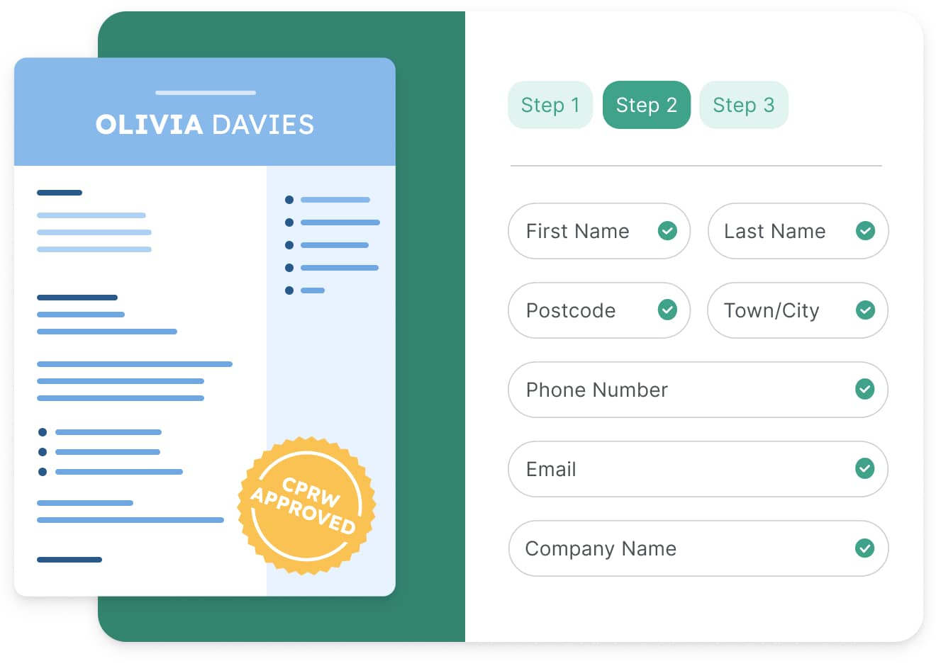 A simplified representation of the CV Genius cover letter builder, showing how simple it is to build a cover letter — you can create a cover letter in minutes.