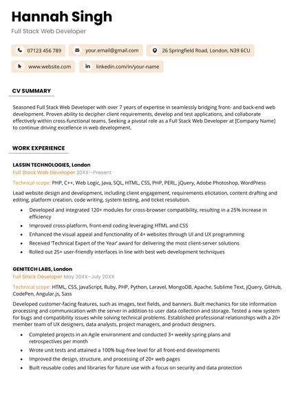 The Bristol CV template in orange