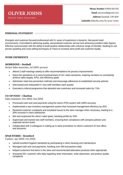 The Westminster CV template in red