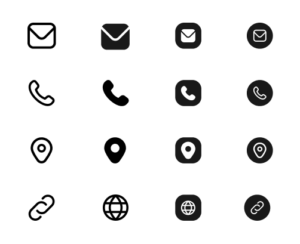 A black-and-white image of 16 cv icons for contact information