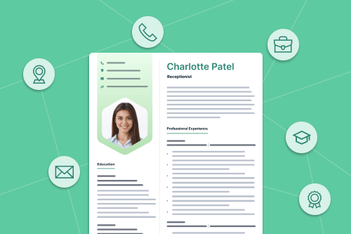 An image that shows gray CV icons floating around a photo CV template on a green background