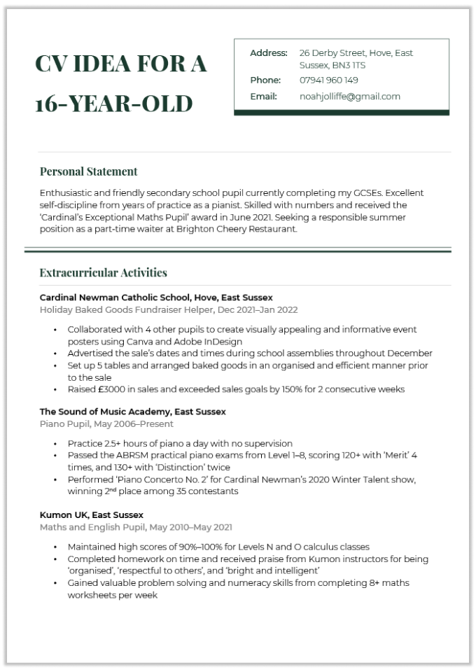 A CV idea for a 16-year-old on a template that includes a box in the upper-right corner for the applicant's contact information, followed by the rest of the CV sections in a single, left-aligned column.