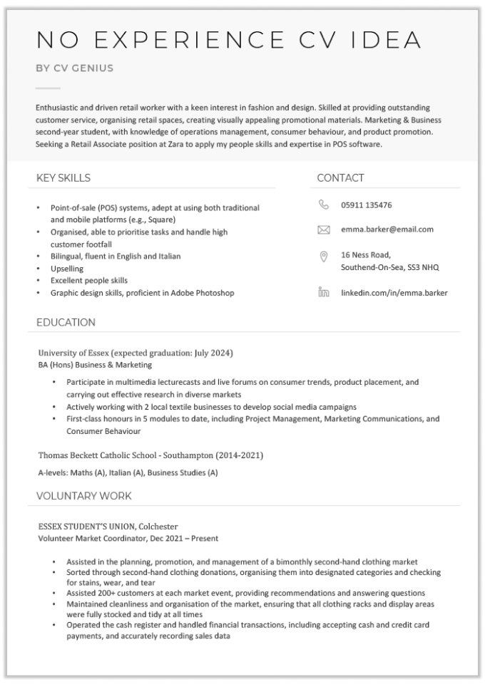 A CV idea for a job seeker with no work experience on a light grey template.