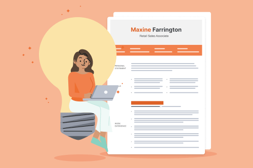 A large, orange, cartoon CV on a peach background. Next to the CV, a cartoon person sitting on a lightbulb illustrates the 'CV ideas' concept.