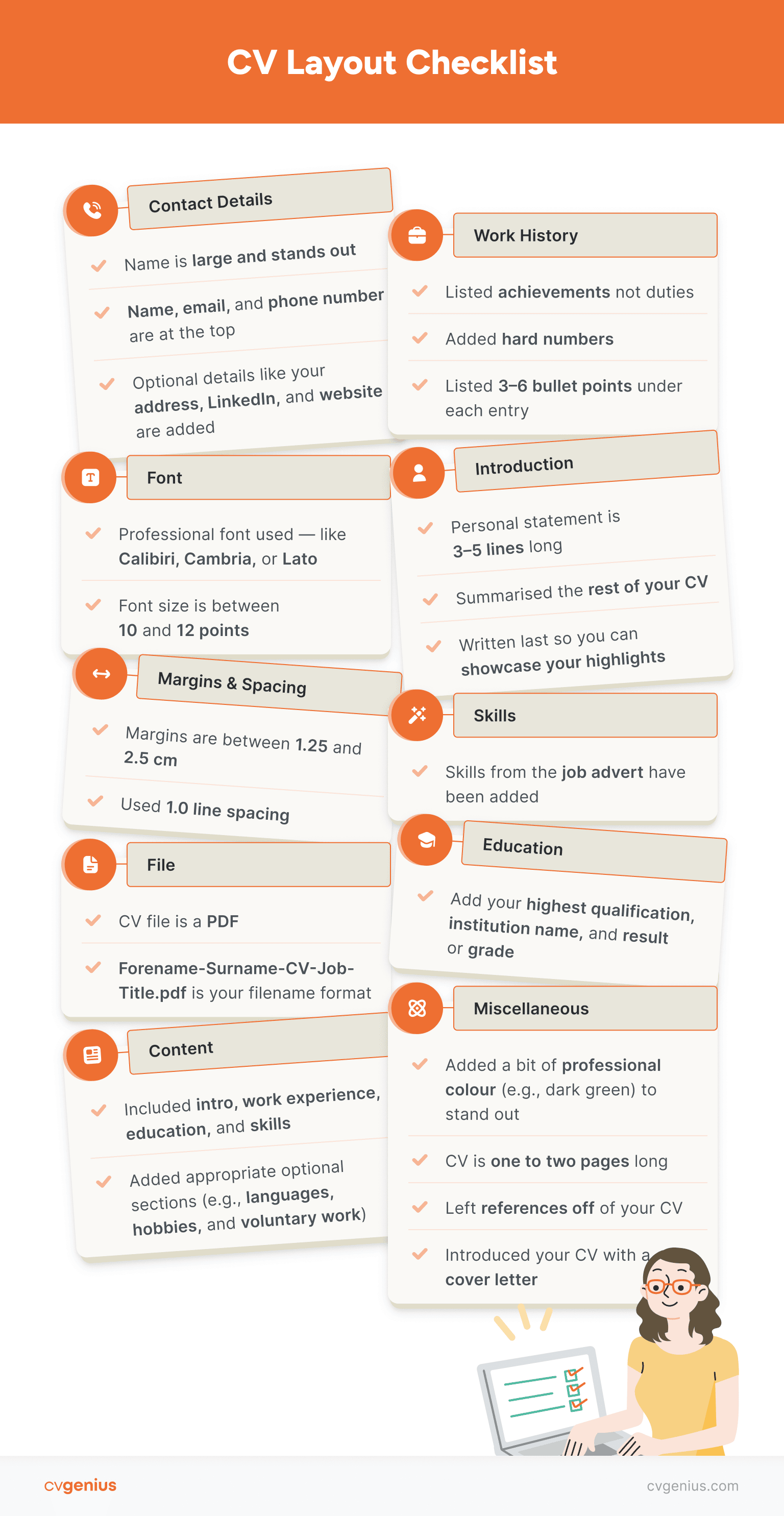 A CV layout checklist which guides users through double-checking how they've presented their CVs