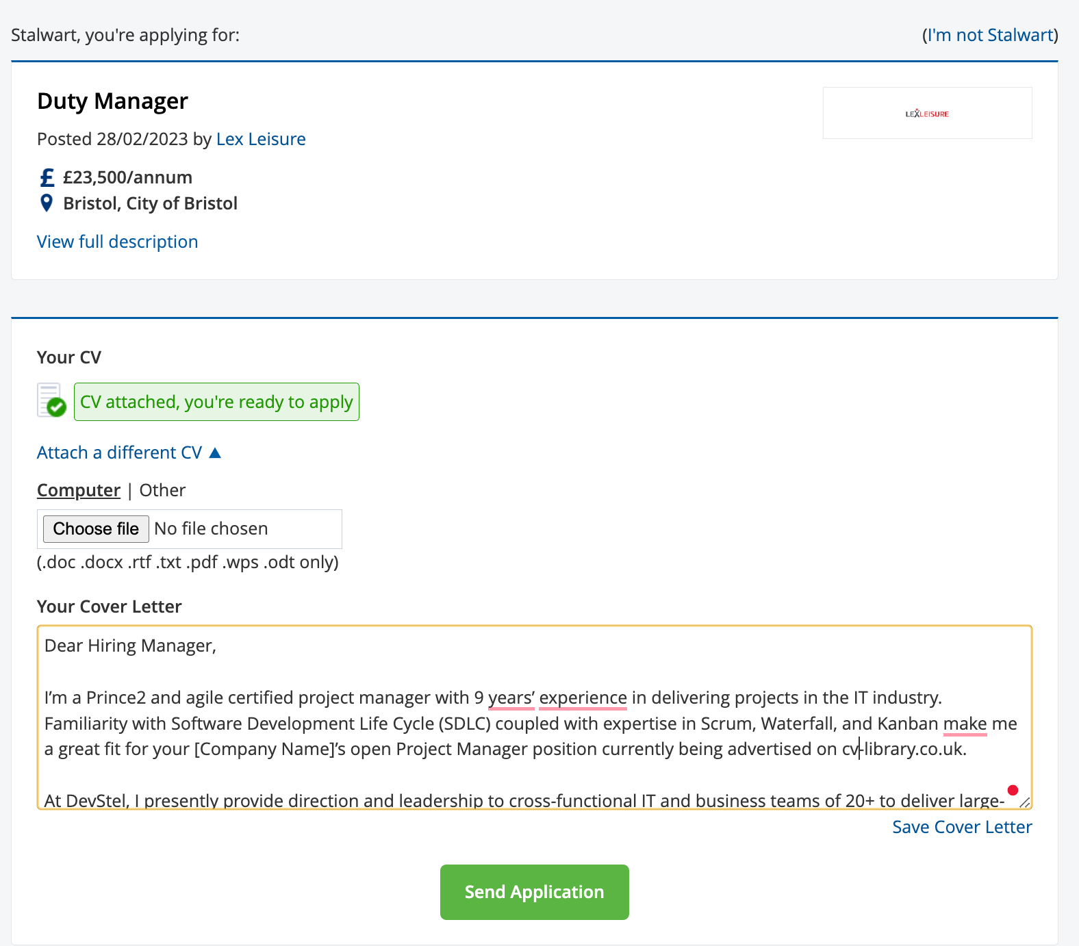 After clicking 'Apply Now', users are presented with a screen where they can pick a CV and write a cover letter.