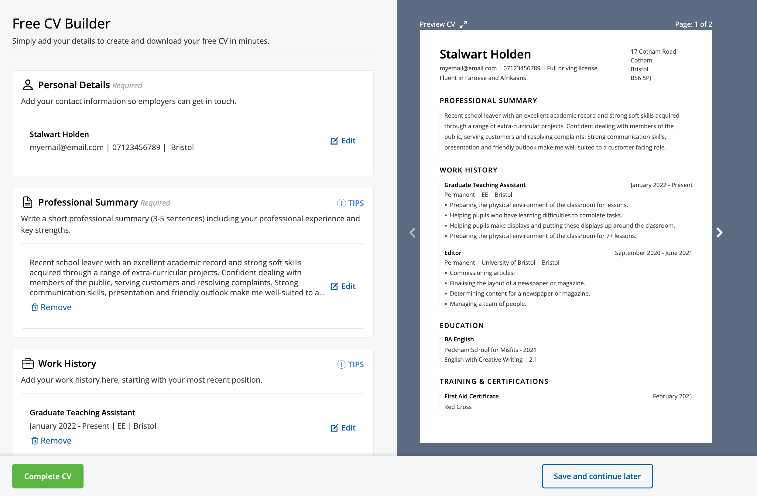 The interface of the CV Library maker, with a preview of your CV on the right and the area where you enter your details on the left.