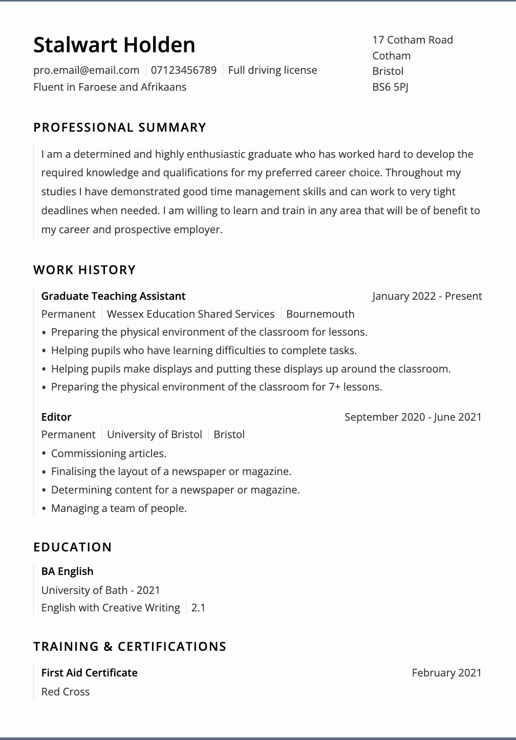 CV Library CV template with no colours or visual elements