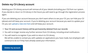 Delete account option provided by CV Library