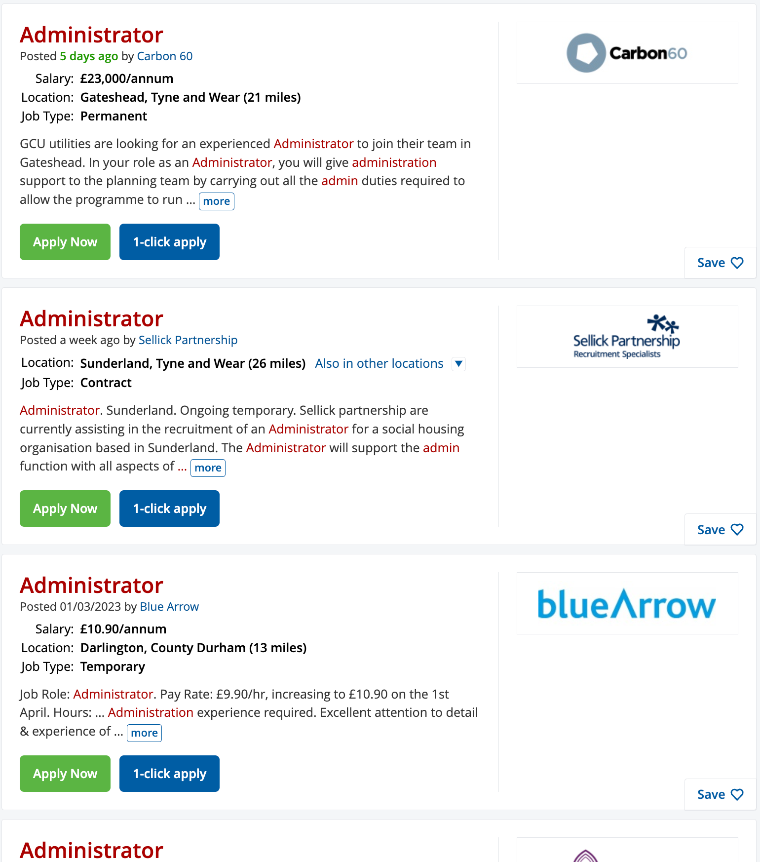 A list of jobs on CV Library after the user has searcher for