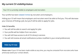 Click these options to hide your CV on CV-Library.