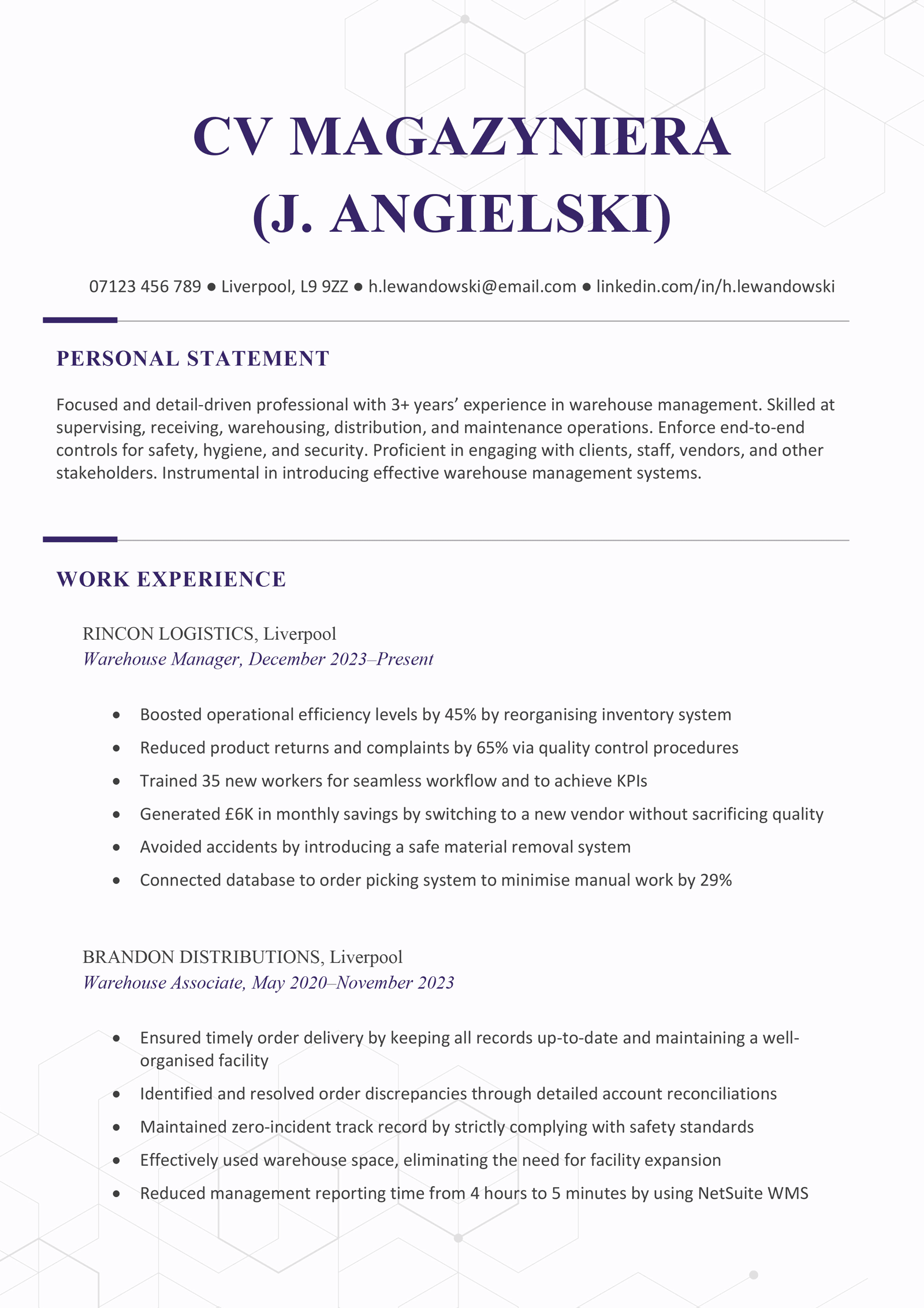 Przykładowy szablon CV magazyniera w języku angielskim zawiera duży nagłówek, w którym należy zawrzeć swoje imię, przekonywujące wprowadzenie do CV oraz dwie pozycje obejmujące doświadczenie zawodowe.