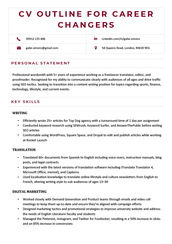 A CV outline template with contact information in neat boxes and bold maroon text for the applicant's name.