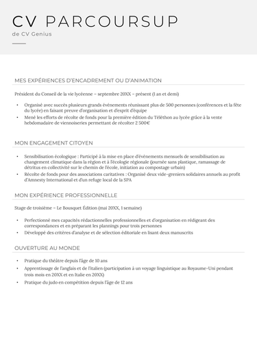 exemple d'un modèle d'un CV Parcoursup avec un en-tête large gris clair et une photo