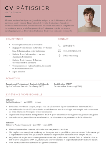 exemple d'un CV pâtissier avec photo et un large en-tête de couleur terracotta