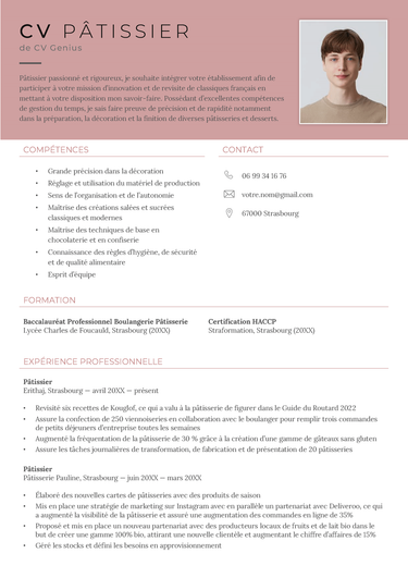 exemple d'un CV pâtissier avec photo et un large en-tête de couleur terracotta