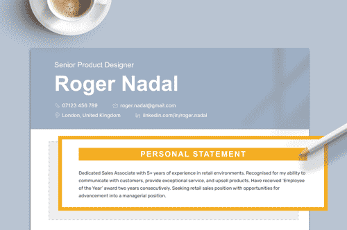 A CV with a CV personal proflie highlighted in a yellow box