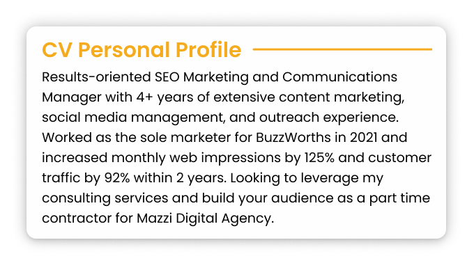 A CV personal profile example for a marketing CV