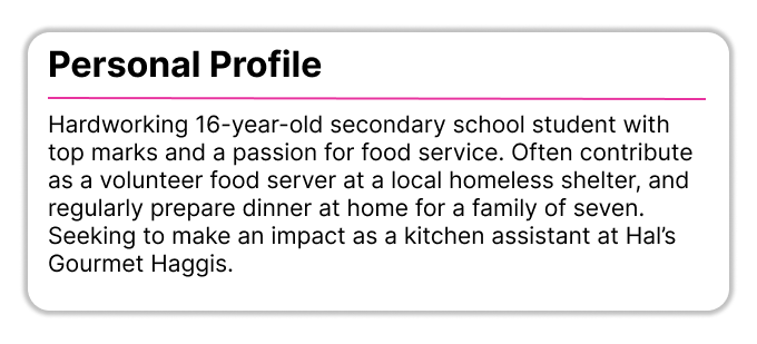 A CV personal profile example with no work experience. The section heading has bold black text and a pink underline.