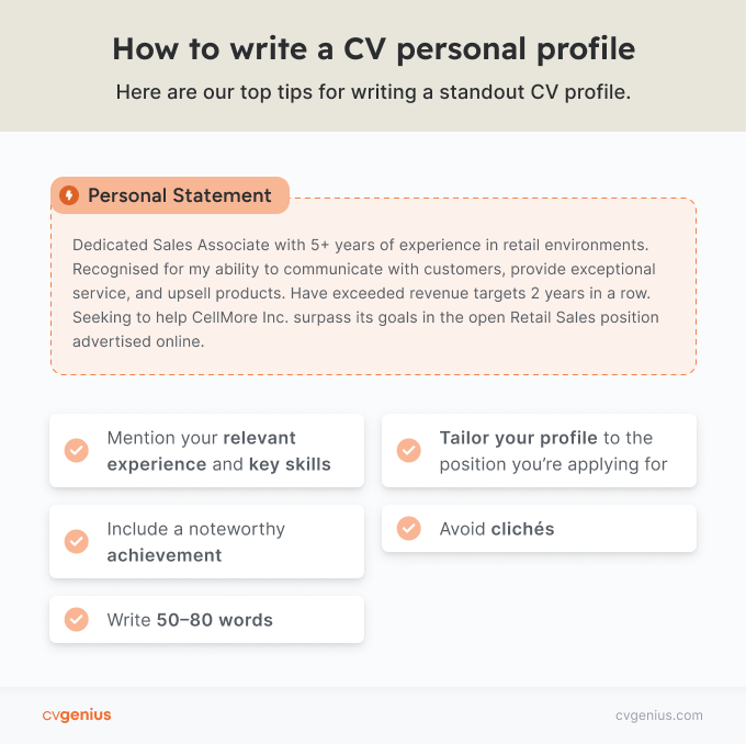 An infographic with five CV profile writing tips showing what a CV personal profile looks like by highlighting the CV personal profile with an orange box
