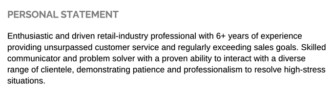 An image of a two-sentence CV personal statement with a simple heading 