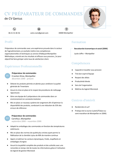 exemple d'un modèle d'un CV pour préparateur de commandes avec un en-tête couleur bleu ciel et une photo