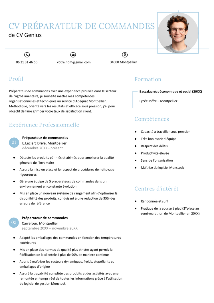 exemple d'un modèle d'un CV pour préparateur de commandes avec un en-tête couleur bleu ciel et une photo