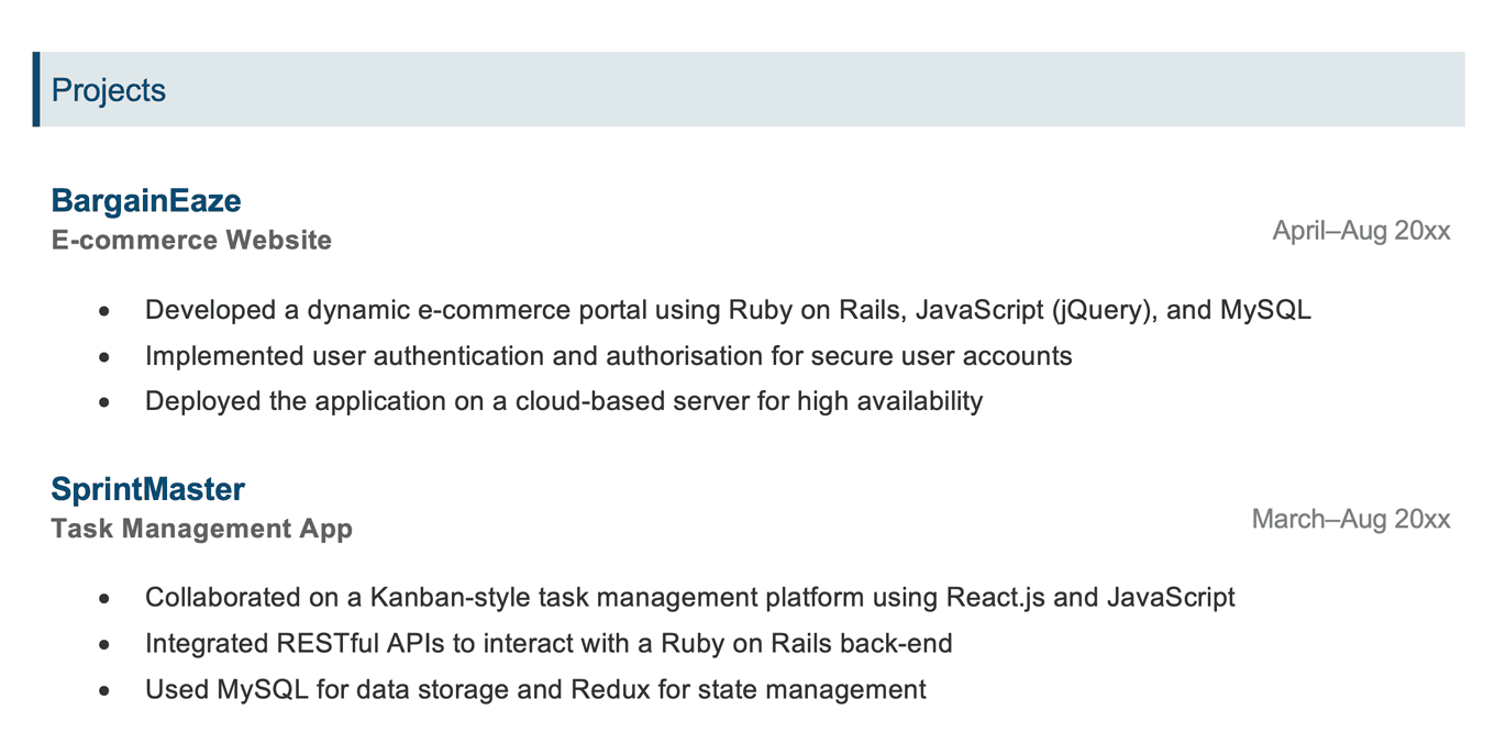 An example of how to write an additional CV section, in which the applicant has listed independent projects they completed under a blue header.