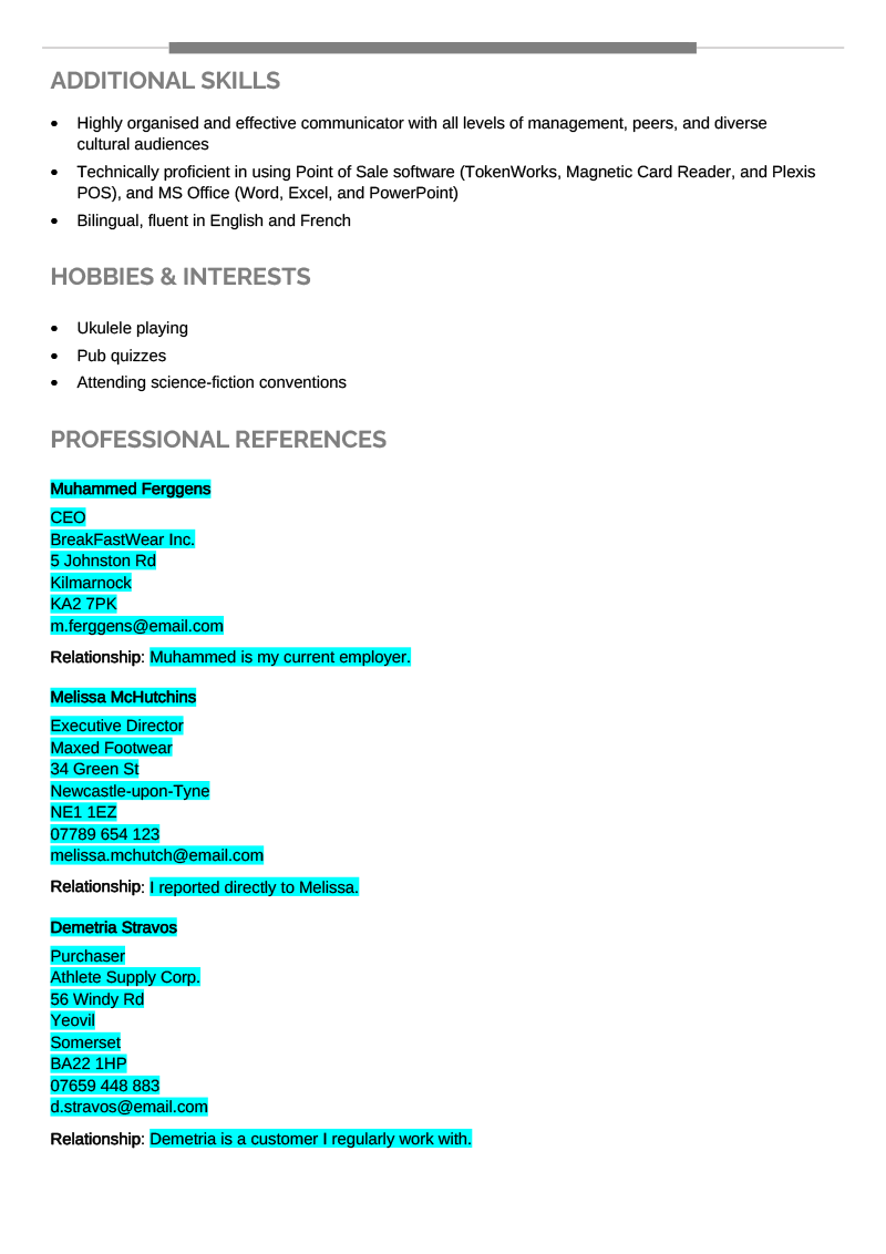 An example of references on a CV's last page, with templated information highlighted