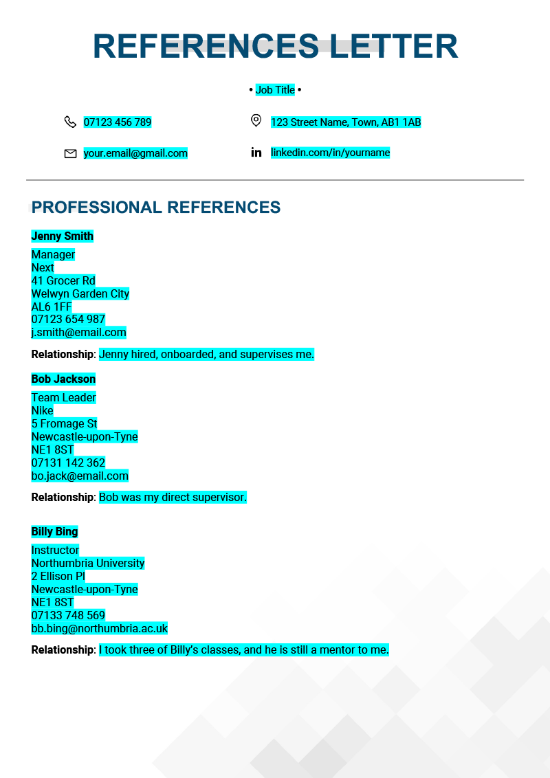 An example of CV references on a separate CV page titled 'References Letter', with templated information highlighted in teal