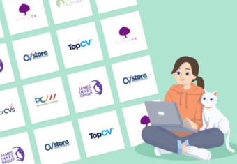 A woman looks at CV services for finding a CV writer on her laptop against a backdrop of CV writing service logos.