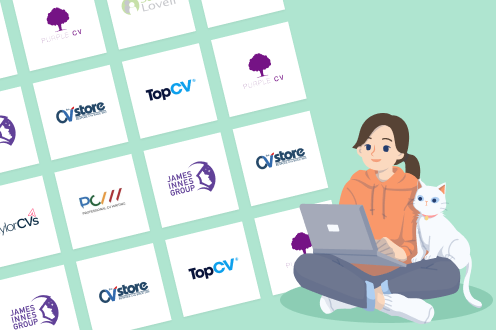 A woman looks at CV services for finding a CV writer on her laptop against a backdrop of CV writing service logos.