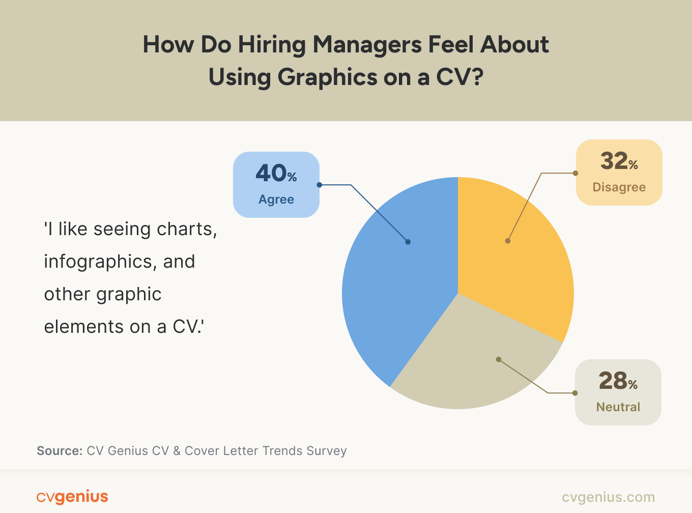 A pie chart illustrating how hiring manager feel about using graphics on a CV.