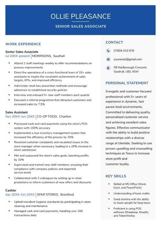 A blue CV sample made using a CV maker for a sales associate. Blue and grey backgrounds, as well as CV icons, ensure key details stand out.